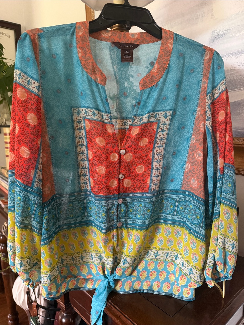 Multiples Turquoise Coral Yellow Printed Tie-Front Blouse